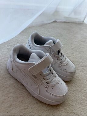 Puma Kids White Low-Top Perforated Sneakers with Hook-and-Loop Velcro Strap